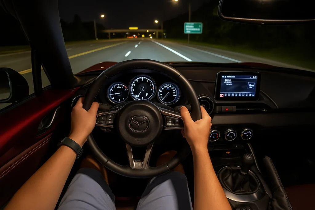 2022 Mazda MX 5 Miata Grand Touring Convertible interior night view 2022 Mazda MX 5 Miata Grand Touring Convertible interior night view
