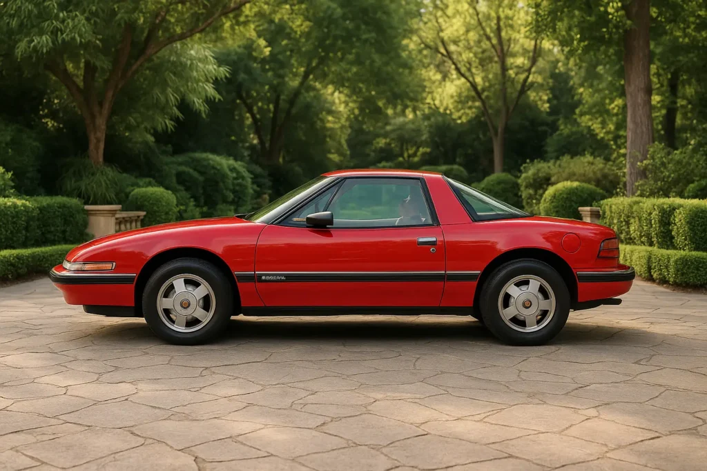 A red 1988 Buick Reatta parked on a paved driveway showcasing its sleek design and sporty appearance A red 1988 Buick Reatta parked on a paved driveway showcasing its sleek design and sporty appearance