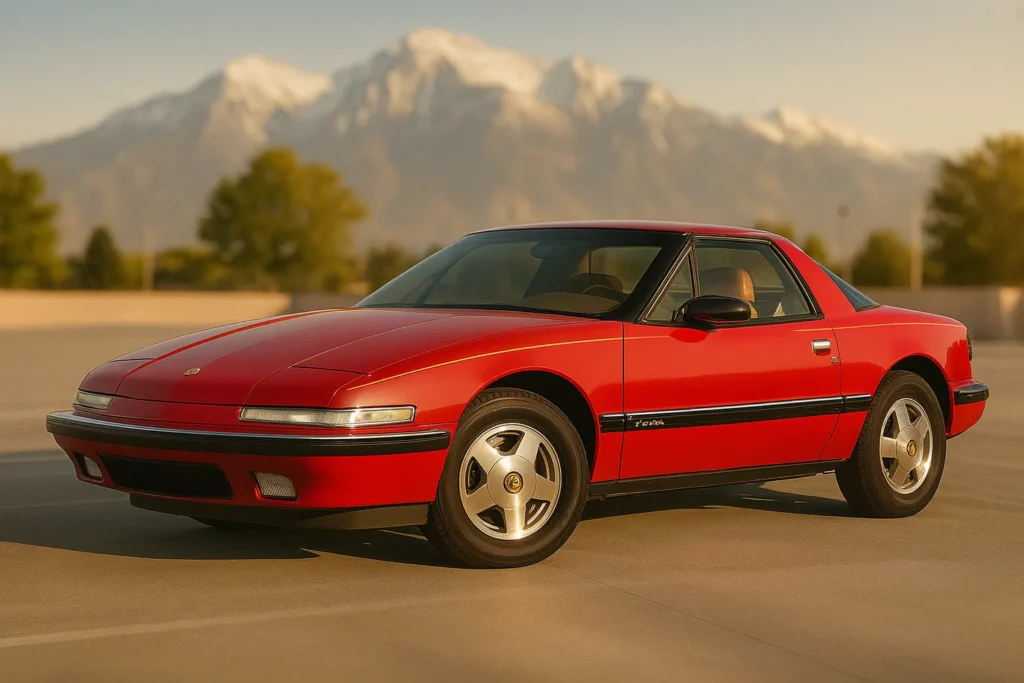 A red 1988 Buick Reatta parked with a mountain view in the background A red 1988 Buick Reatta parked with a mountain view in the background