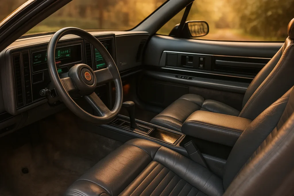 Inside a 1988 Buick Reatta showcasing luxurious leather seats and a stylish dashboard layout Inside a 1988 Buick Reatta showcasing luxurious leather seats and a stylish dashboard layout