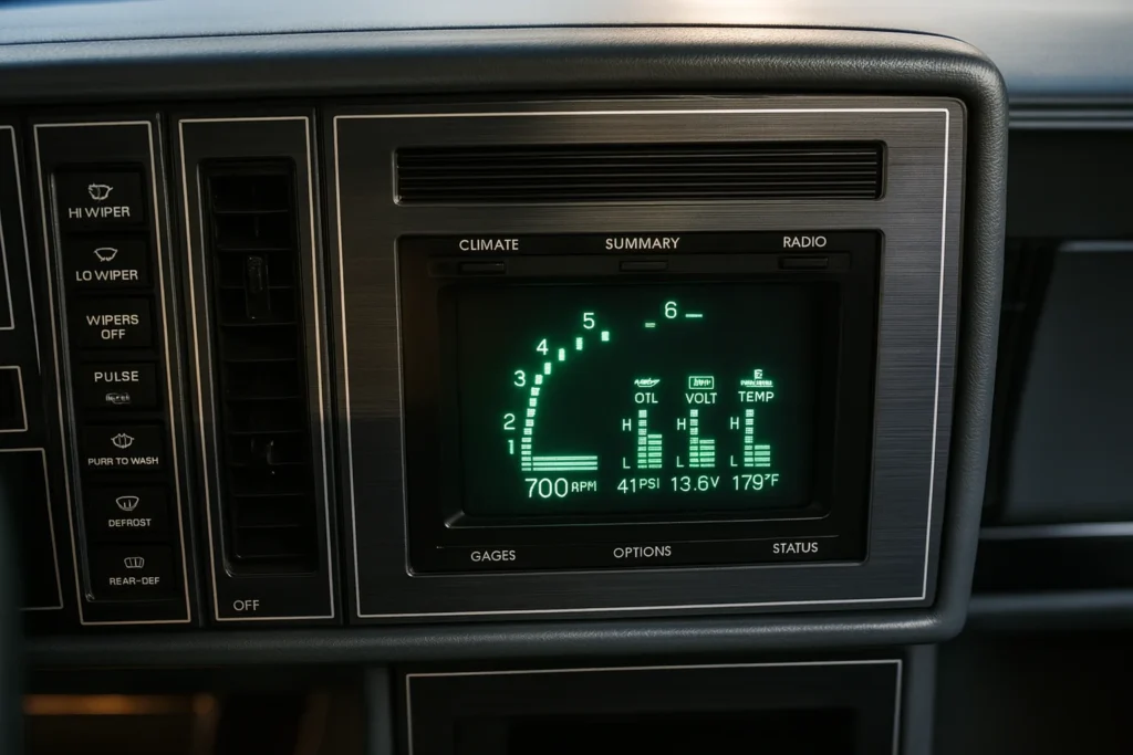 Interior view of a 1988 Buick Reatta dashboard with a modern digital display and traditional gauges Interior view of a 1988 Buick Reatta dashboard with a modern digital display and traditional gauges