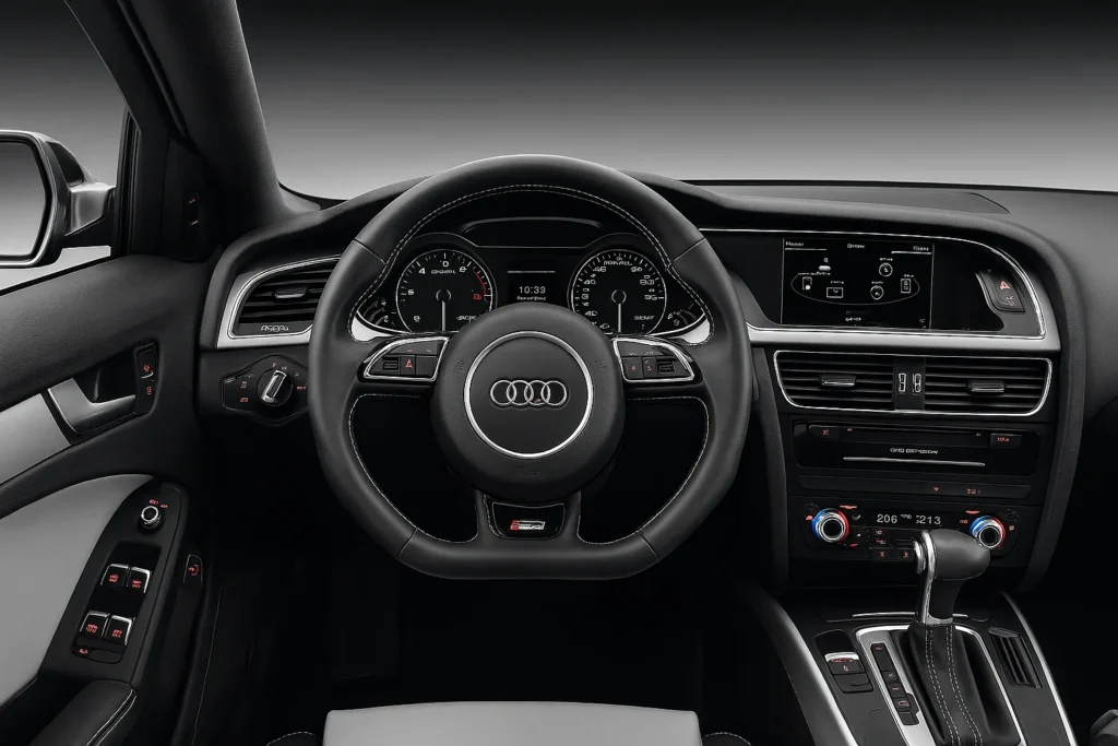 Interior view of a B8 B8.5 Audi S4 showcasing leather seats dashboard controls and modern infotainment system Interior view of a B8 B8.5 Audi S4 showcasing leather seats dashboard controls and modern infotainment system