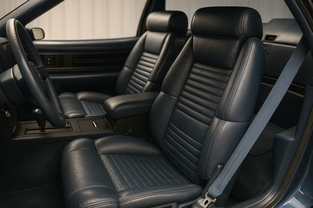 Interior view of a red 1988 Buick Reatta featuring plush leather seats and a sleek dashboard design Interior view of a red 1988 Buick Reatta featuring plush leather seats and a sleek dashboard design