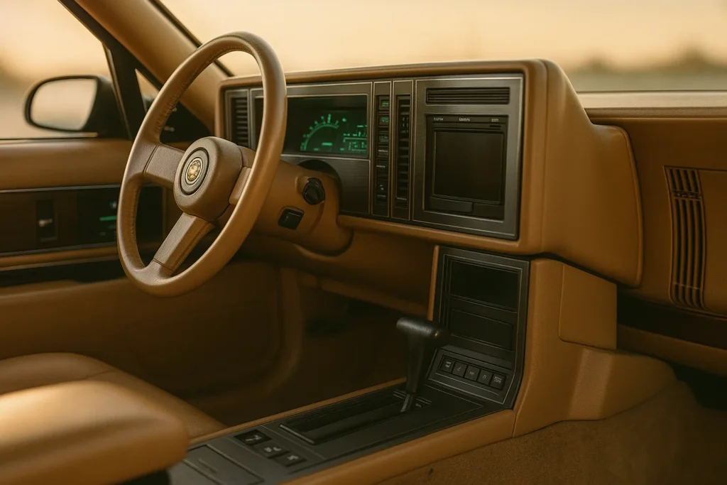 Interior view of a tan 1988 Buick Reatta showcasing the dashboard and steering wheel from the drivers perspective Interior view of a tan 1988 Buick Reatta showcasing the dashboard and steering wheel from the drivers perspective