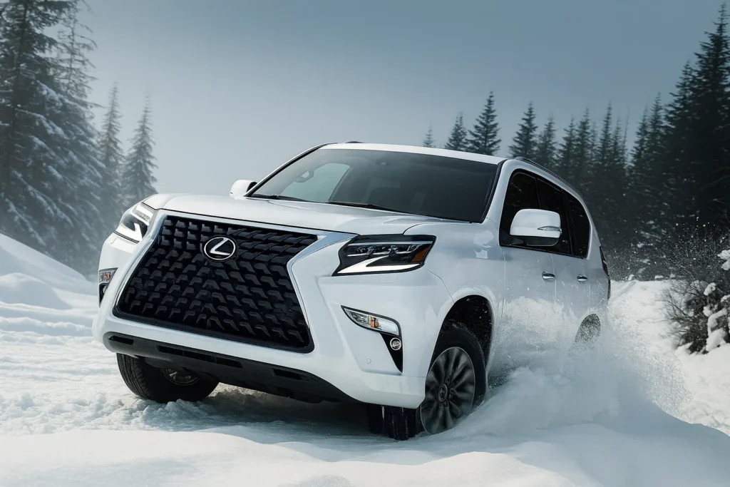 2023 Lexus GX 460 front angle driving off road in snow with luxury SUV styling 2023 Lexus GX 460 front angle driving off road in snow with luxury SUV styling