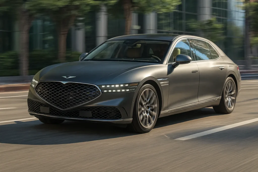 2025 Genesis G90 flagship sedan driving on city street with LED headlights 2025 Genesis G90 flagship sedan driving on city street with LED headlights