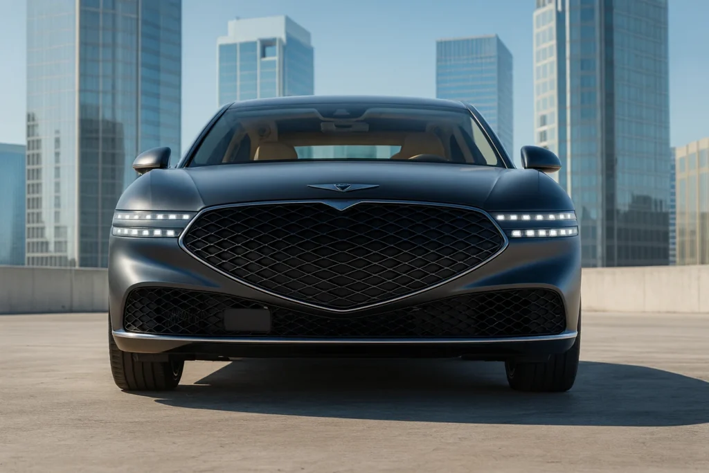 2025 Genesis G90 front fascia with large crest grille and quad LED headlights 2025 Genesis G90 front fascia with large crest grille and quad LED headlights
