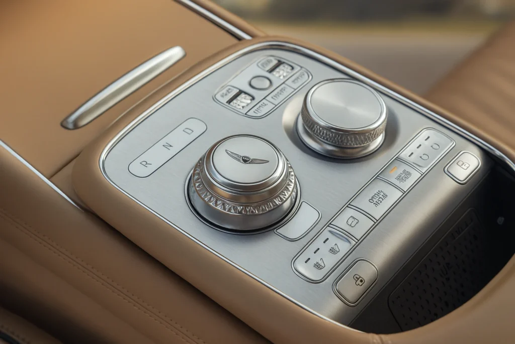 2025 Genesis G90 luxury sedan center console with rotary gear selector and premium controls 2025 Genesis G90 luxury sedan center console with rotary gear selector and premium controls