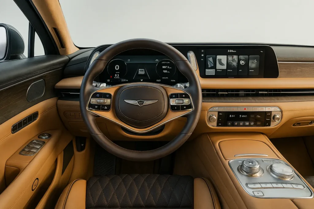 2025 Genesis G90 luxury sedan interior with digital cockpit and leather steering wheel 2025 Genesis G90 luxury sedan interior with digital cockpit and leather steering wheel