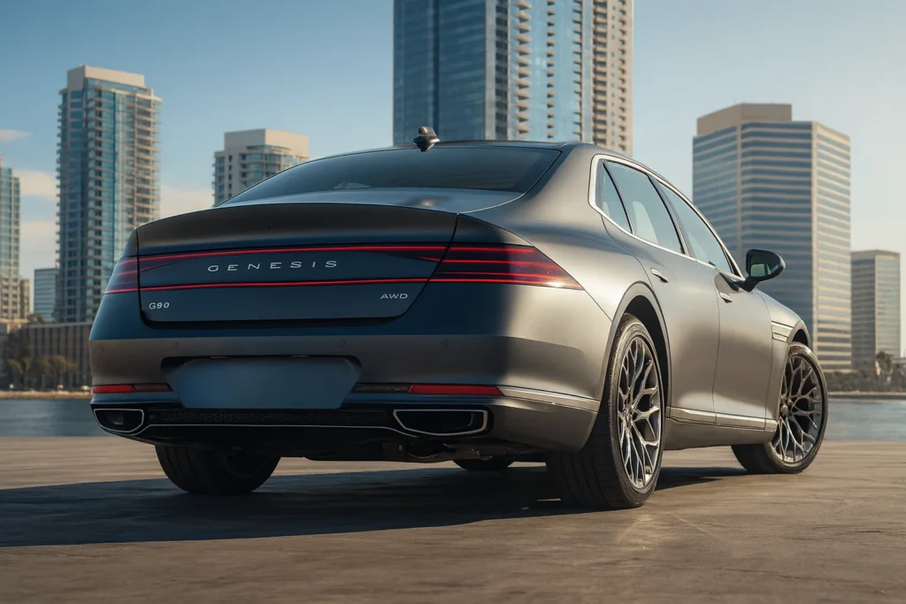 2025 Genesis G90 rear design with LED taillights and dual exhaust in cityscape 2025 Genesis G90 rear design with LED taillights and dual exhaust in cityscape