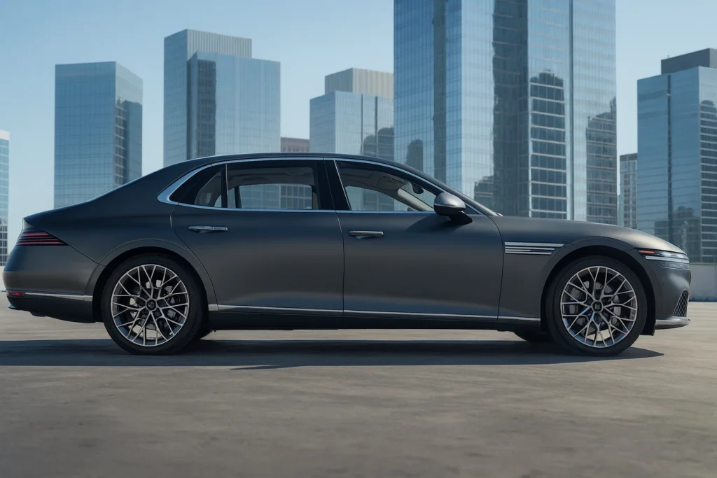 2025 Genesis G90 side profile luxury sedan parked in urban skyline background 2025 Genesis G90 side profile luxury sedan parked in urban skyline background