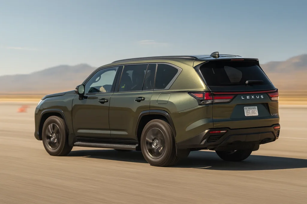 2025 Lexus LX 700h in Nori Green Pearl exterior shown from rear angle driving on open road under clear sky 2025 Lexus LX 700h in Nori Green Pearl exterior shown from rear angle driving on open road under clear sky