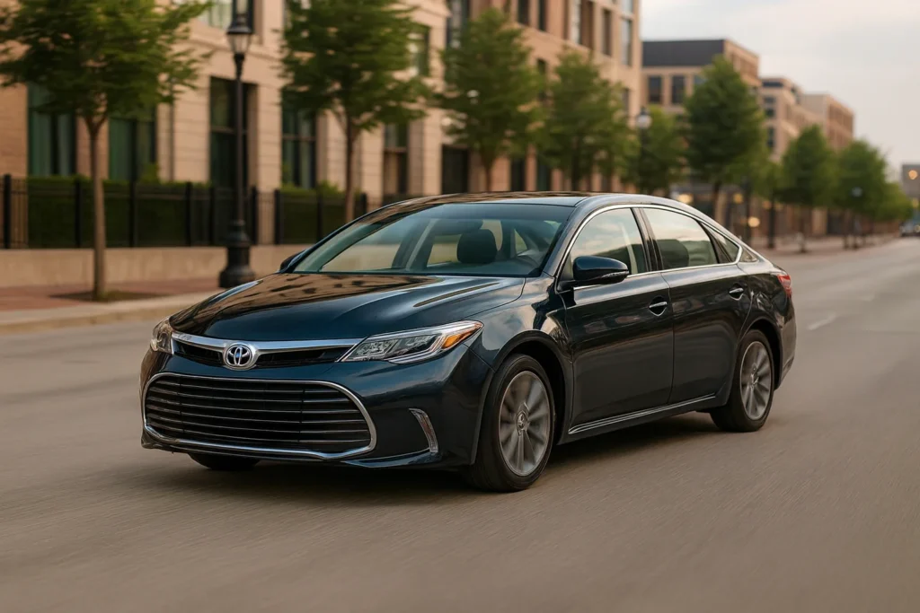 A 2017 Toyota Avalon driving down a city street showcasing its sleek profile and modern design from the left side view A 2017 Toyota Avalon driving down a city street showcasing its sleek profile and modern design from the left side view