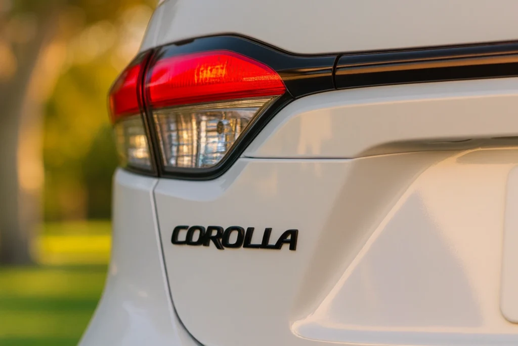 Black Corolla badge on rear of 2022 Toyota Corolla Apex sedan accentuating modern taillight design and sporty compact style Black Corolla badge on rear of 2022 Toyota Corolla Apex sedan accentuating modern taillight design and sporty compact style