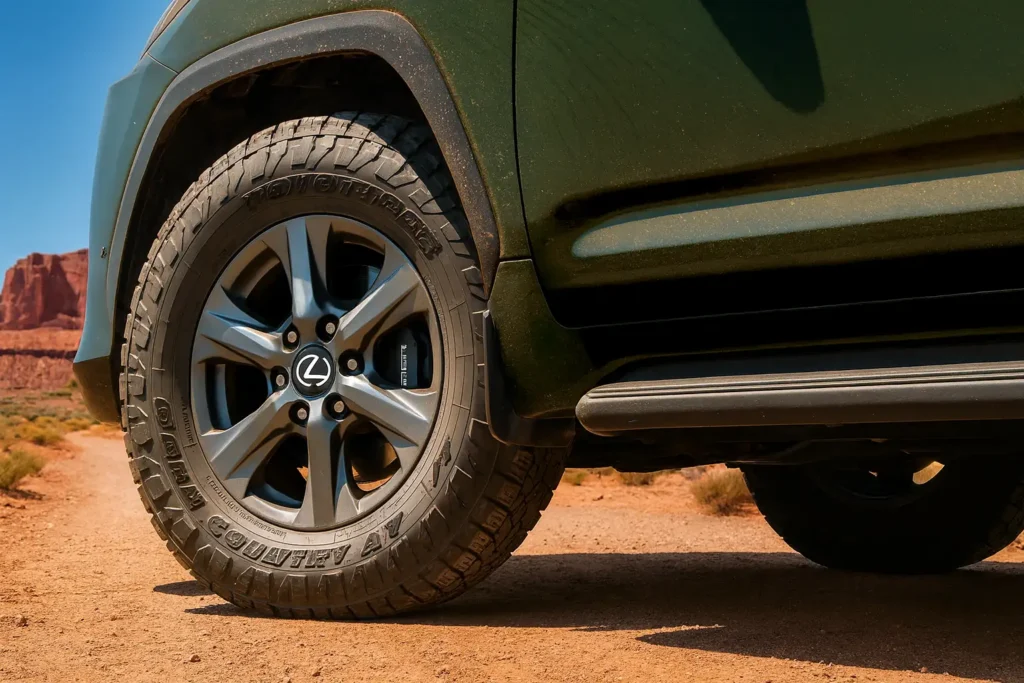 Close up of 2025 Lexus LX 700h alloy wheels with off road Toyo Open Country tires for rugged SUV performance Close up of 2025 Lexus LX 700h alloy wheels with off road Toyo Open Country tires for rugged SUV performance