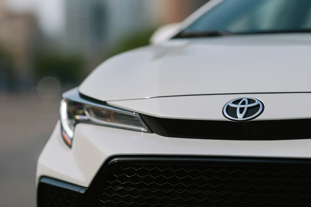 Front fascia of 2022 Toyota Corolla Apex sedan in white highlighting aggressive headlights Toyota badge and honeycomb grille Front fascia of 2022 Toyota Corolla Apex sedan in white highlighting aggressive headlights Toyota badge and honeycomb grille