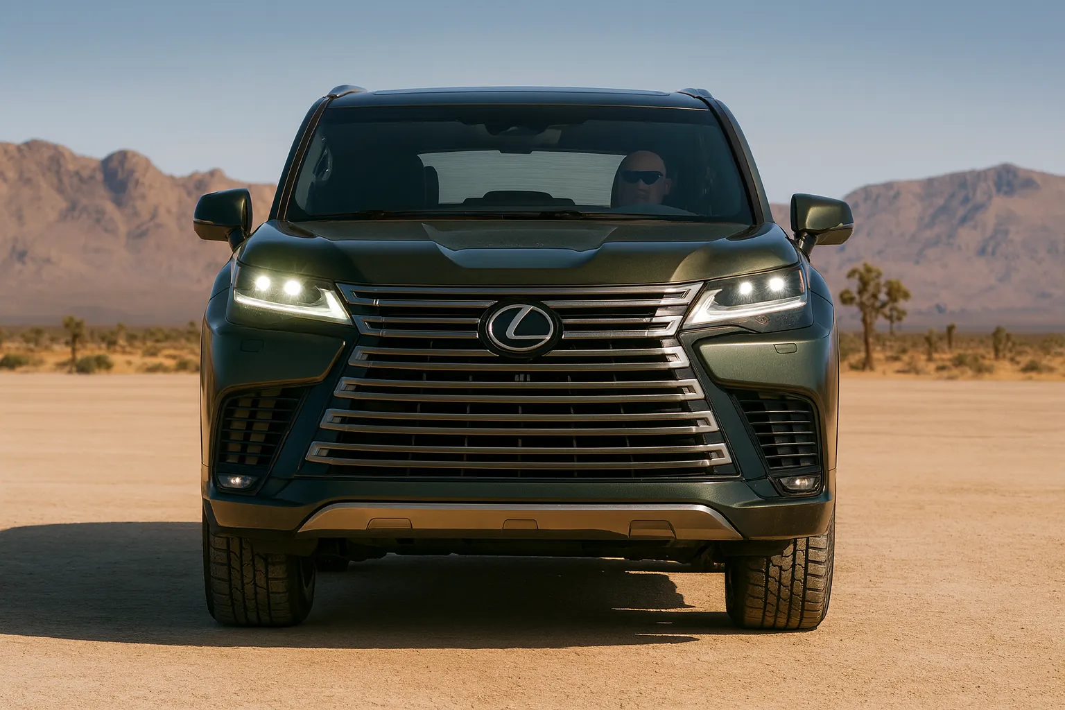 front fascia of 2025 lexus lx 700h luxury suv with signature spindle grille and led headlights in desert setting