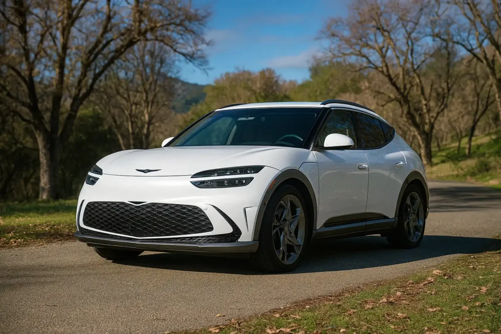 Front view of Genesis GV60 electric SUV on countryside road Front view of Genesis GV60 electric SUV on countryside road
