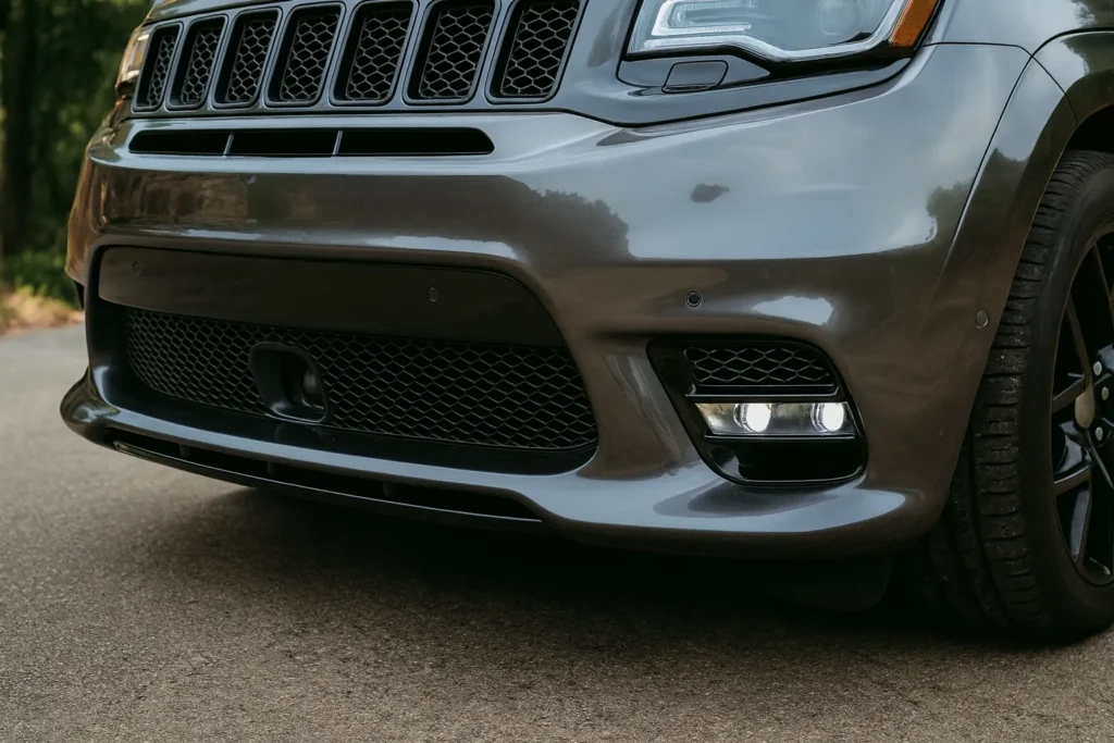 Front view of a gray 2017 Jeep Grand Cherokee SRT showcasing its bold grille and sleek headlights Front view of a gray 2017 Jeep Grand Cherokee SRT showcasing its bold grille and sleek headlights