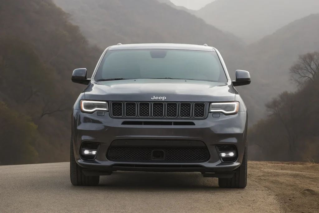 Front view of a gray 2017 Jeep Grand Cherokee SRT showcasing its sleek design and distinctive grille Front view of a gray 2017 Jeep Grand Cherokee SRT showcasing its sleek design and distinctive grille