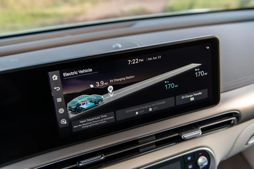 Genesis GV60 infotainment screen displaying electric vehicle battery status and charging route Genesis GV60 infotainment screen displaying electric vehicle battery status and charging route