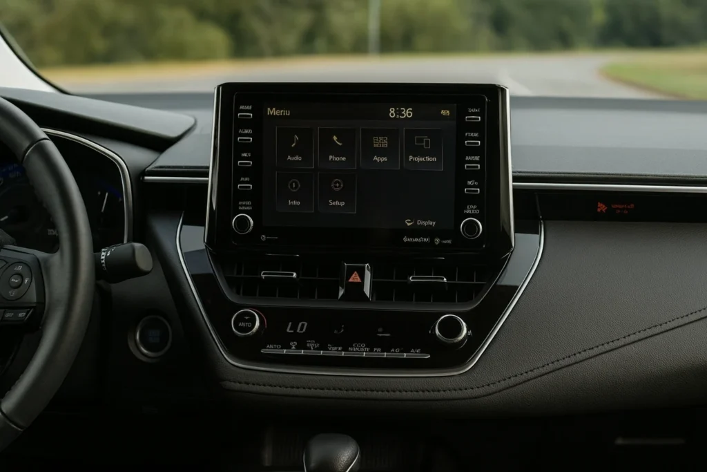 Interior dashboard of 2022 Toyota Corolla Apex with touchscreen infotainment system leather trimmed dash and advanced climate controls Interior dashboard of 2022 Toyota Corolla Apex with touchscreen infotainment system leather trimmed dash and advanced climate controls