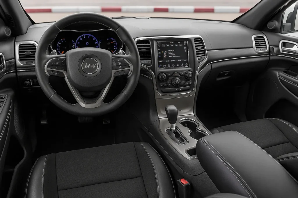 Interior view of a 2017 Jeep Grand Cherokee showcasing leather seats dashboard controls and spacious cabin design Interior view of a 2017 Jeep Grand Cherokee showcasing leather seats dashboard controls and spacious cabin design