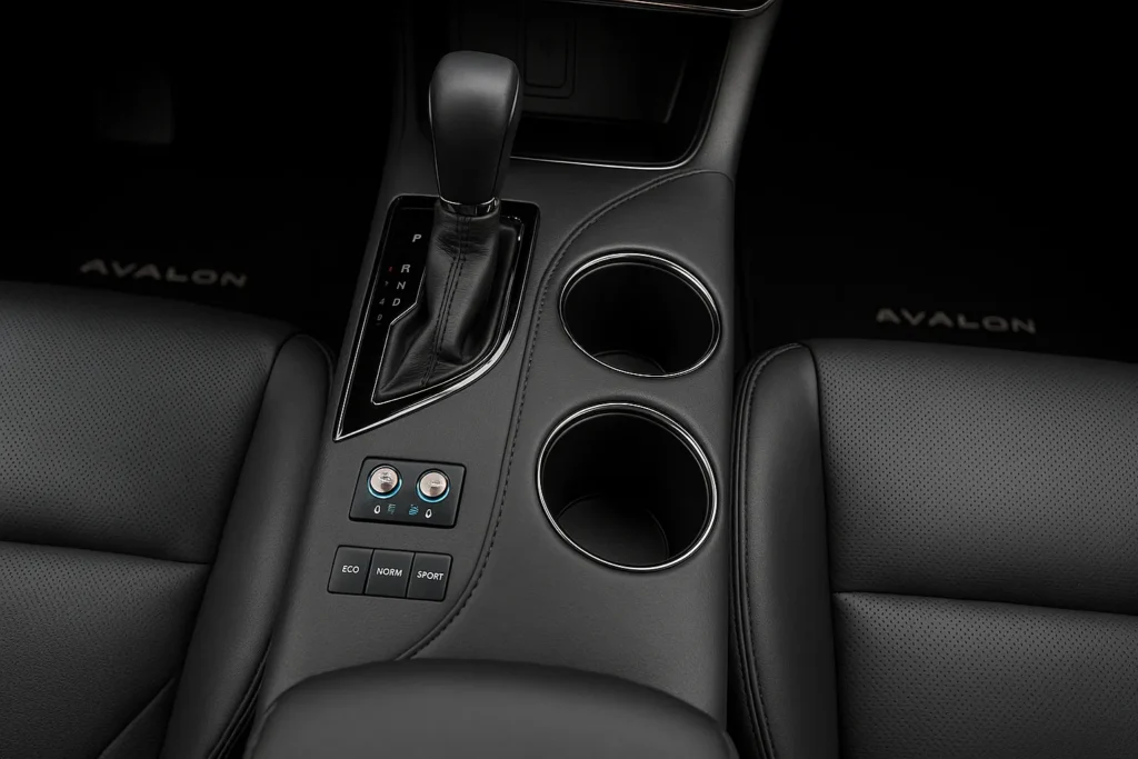 Interior view of a 2017 Toyota Avalon showing shifter and near buttons Interior view of a 2017 Toyota Avalon showing shifter and near buttons