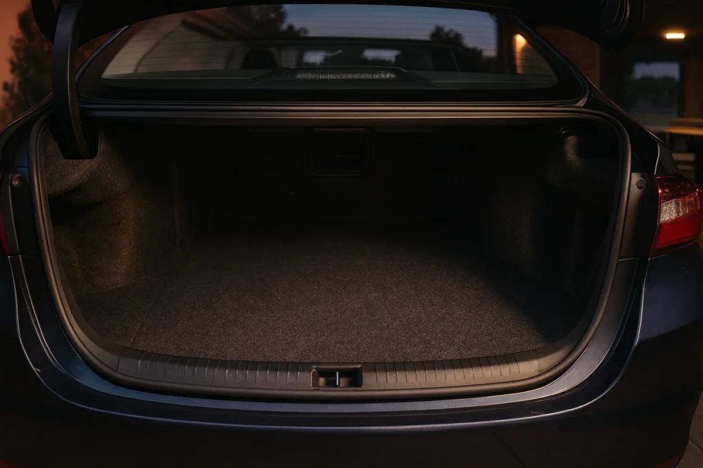 Open trunk of a 2017 Toyota Avalon at night revealing spacious cargo area illuminated by nearby light Open trunk of a 2017 Toyota Avalon at night revealing spacious cargo area illuminated by nearby light