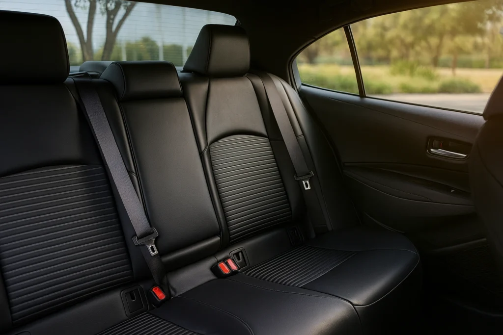 Rear seating of 2022 Toyota Corolla Apex sedan with premium black leather seats textured inserts and modern comfort focused design Rear seating of 2022 Toyota Corolla Apex sedan with premium black leather seats textured inserts and modern comfort focused design