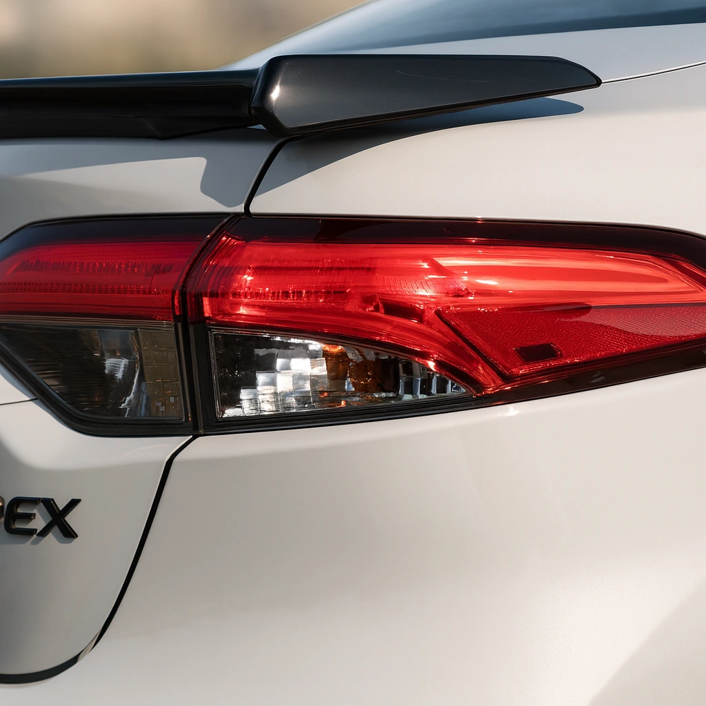 Rear taillight and trunk detail of 2022 Toyota Corolla Apex sedan in white showcasing black spoiler and sporty trim accents Rear taillight and trunk detail of 2022 Toyota Corolla Apex sedan in white showcasing black spoiler and sporty trim accents