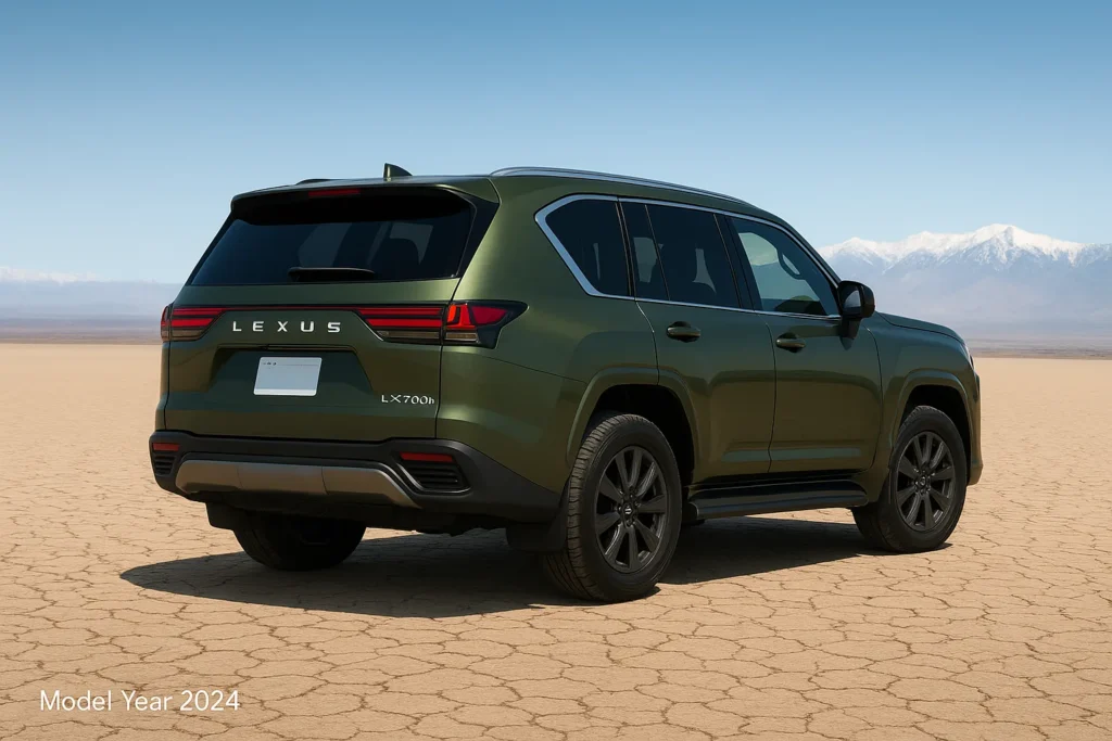 Rear three quarter view of 2025 Lexus LX 700h in Nori Green Pearl showing LED taillights and bold SUV design Rear three quarter view of 2025 Lexus LX 700h in Nori Green Pearl showing LED taillights and bold SUV design