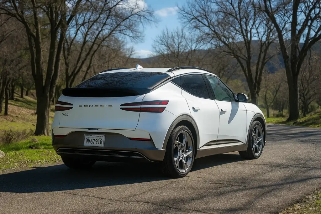 Rear view of Genesis GV60 electric SUV driving on scenic road Rear view of Genesis GV60 electric SUV driving on scenic road