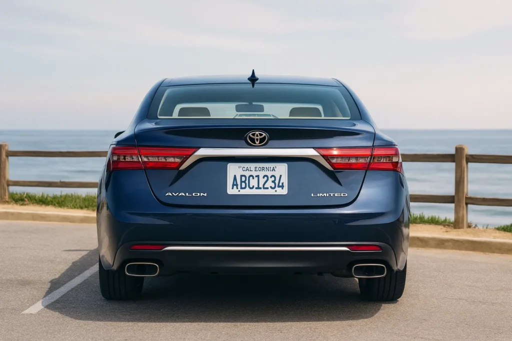 Rear view of a blue 2017 Toyota Avalon parked by the ocean showcasing its sleek design and coastal backdrop Rear view of a blue 2017 Toyota Avalon parked by the ocean showcasing its sleek design and coastal backdrop
