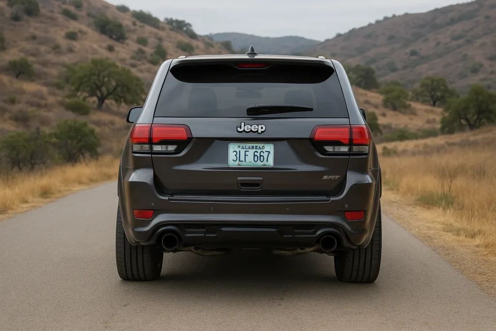 Rear view of a gray 2017 Jeep Grand Cherokee showcasing its sleek design and distinctive taillights Rear view of a gray 2017 Jeep Grand Cherokee showcasing its sleek design and distinctive taillights