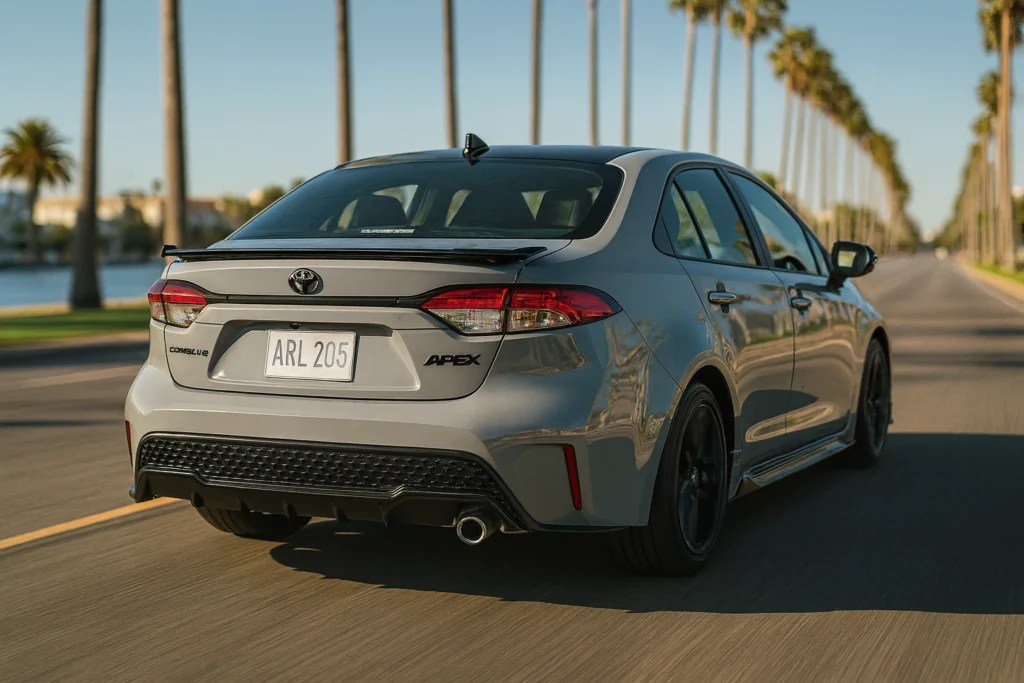 Rear view of silver 2022 Toyota Corolla Apex sedan driving with black spoiler diffuser and stylish dual tone taillights Rear view of silver 2022 Toyota Corolla Apex sedan driving with black spoiler diffuser and stylish dual tone taillights