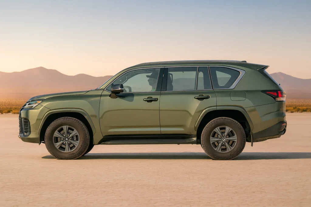 Side profile of 2025 Lexus LX 700h luxury SUV in Nori Green Pearl parked on dry lakebed highlighting strong body lines Side profile of 2025 Lexus LX 700h luxury SUV in Nori Green Pearl parked on dry lakebed highlighting strong body lines