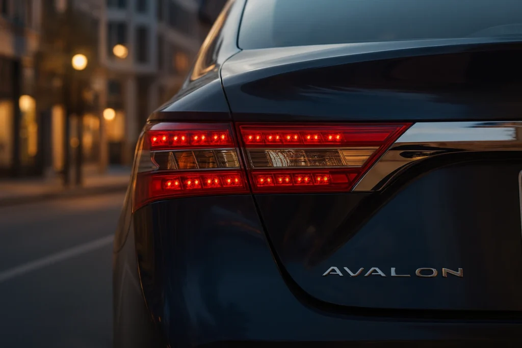 Tail lights of a black 2017 Toyota Avalon showcasing sleek design and modern styling from the rear view Tail lights of a black 2017 Toyota Avalon showcasing sleek design and modern styling from the rear view