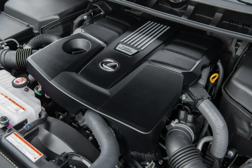 Twin turbo V6 engine bay of 2025 Lexus LX 700h luxury SUV showcasing performance and advanced engineering Twin turbo V6 engine bay of 2025 Lexus LX 700h luxury SUV showcasing performance and advanced engineering