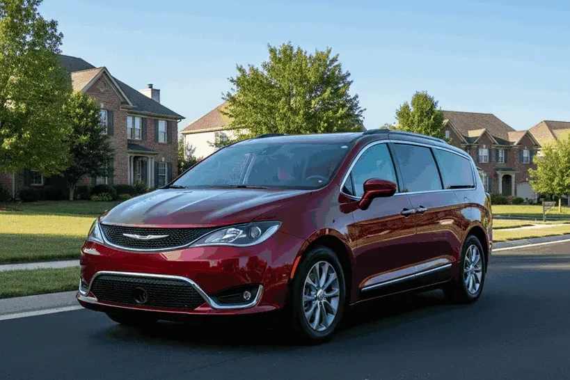 2017 chrysler pacifica touring l in velvet red parked in a suburban neighborhood showing sleek headlights and chrome grille.