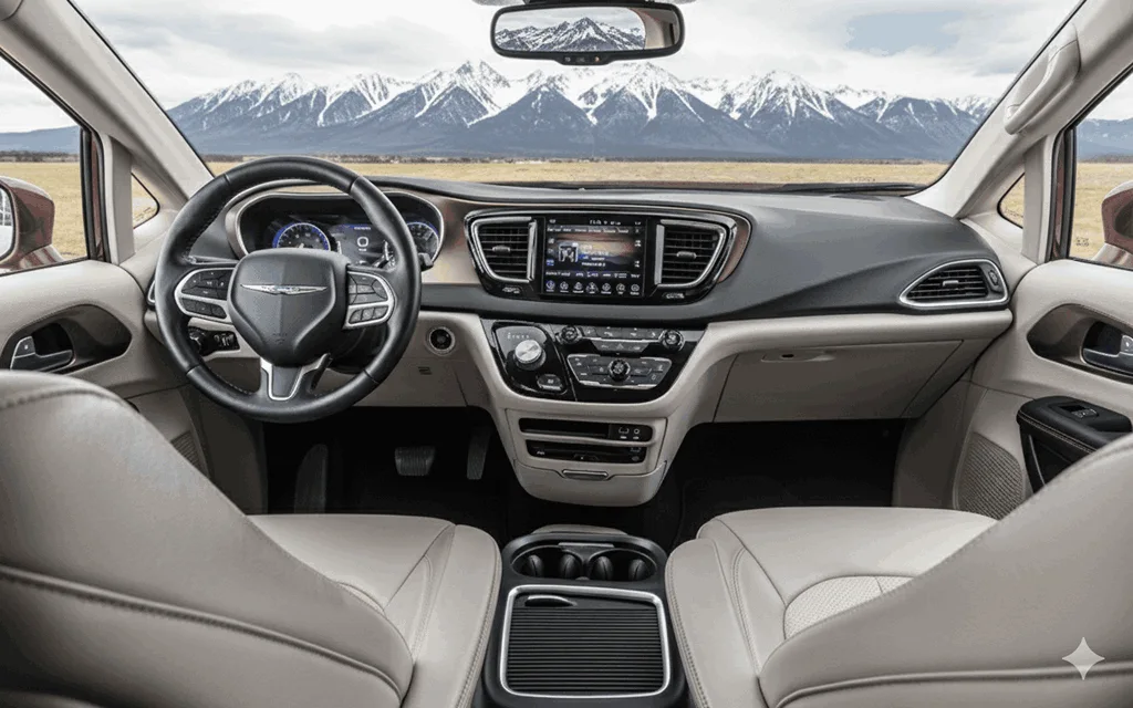 2017 Chrysler Pacifica interior cockpit view with beige leather seats touchscreen infotainment system and steering wheel against mountain backdrop 2017 Chrysler Pacifica interior cockpit view with beige leather seats touchscreen infotainment system and steering wheel against mountain backdrop