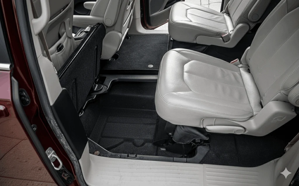 2017 Chrysler Pacifica interior demonstrating second row Stow n Go seats partially folded maximizing cargo versatility and family convenience 2017 Chrysler Pacifica interior demonstrating second row Stow n Go seats partially folded maximizing cargo versatility and family convenience