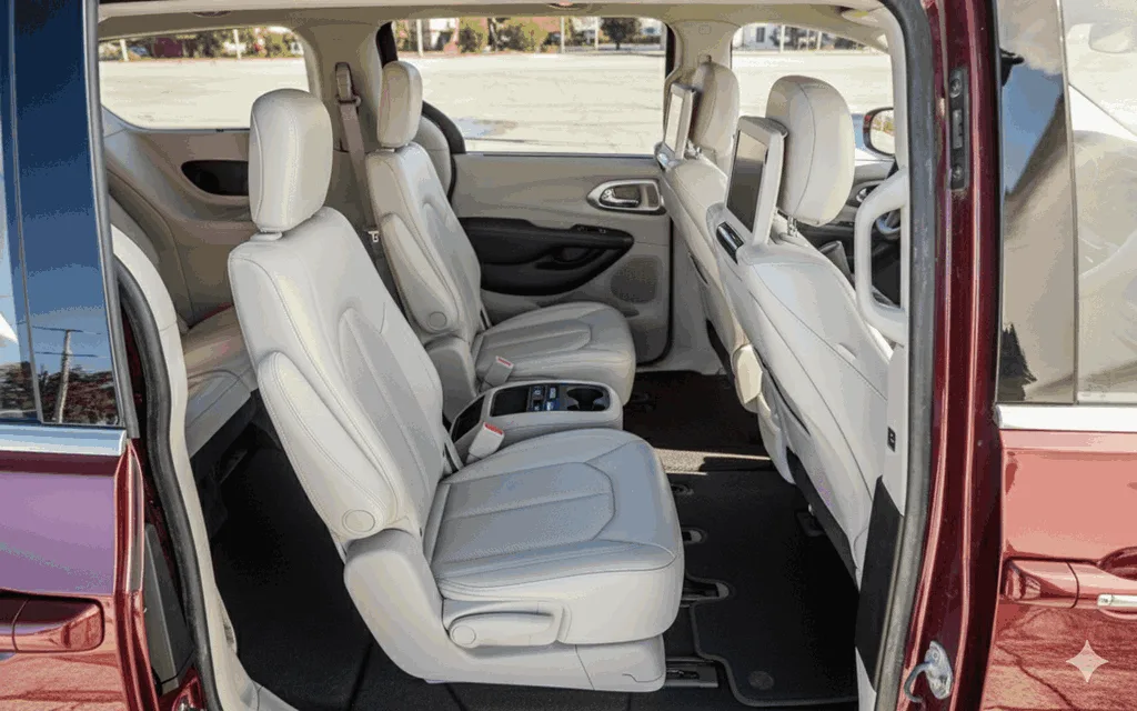 2017 Chrysler Pacifica interior second row with white leather captains chairs dual rear screens and luxury minivan comfort 2017 Chrysler Pacifica interior second row with white leather captains chairs dual rear screens and luxury minivan comfort