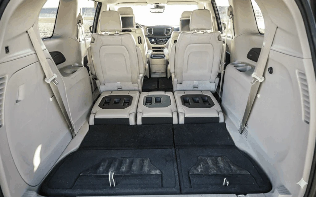 2017 Chrysler Pacifica interior with Stow n Go seats fully folded creating a spacious flat cargo loading area 2017 Chrysler Pacifica interior with Stow n Go seats fully folded creating a spacious flat cargo loading area