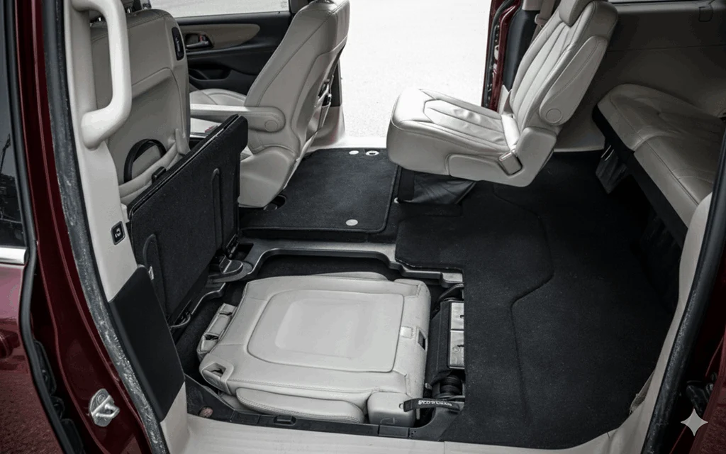 Chrysler Pacifica 2017 cabin showing Stow n Go seating folded into floor creating versatile cargo space for families Chrysler Pacifica 2017 cabin showing Stow n Go seating folded into floor creating versatile cargo space for families