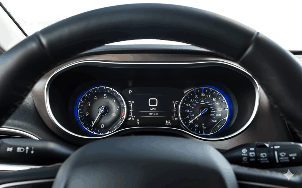 Close up of 2017 Chrysler Pacifica digital instrument cluster with blue lit tachometer speedometer and multifunction driver information display Close up of 2017 Chrysler Pacifica digital instrument cluster with blue lit tachometer speedometer and multifunction driver information display