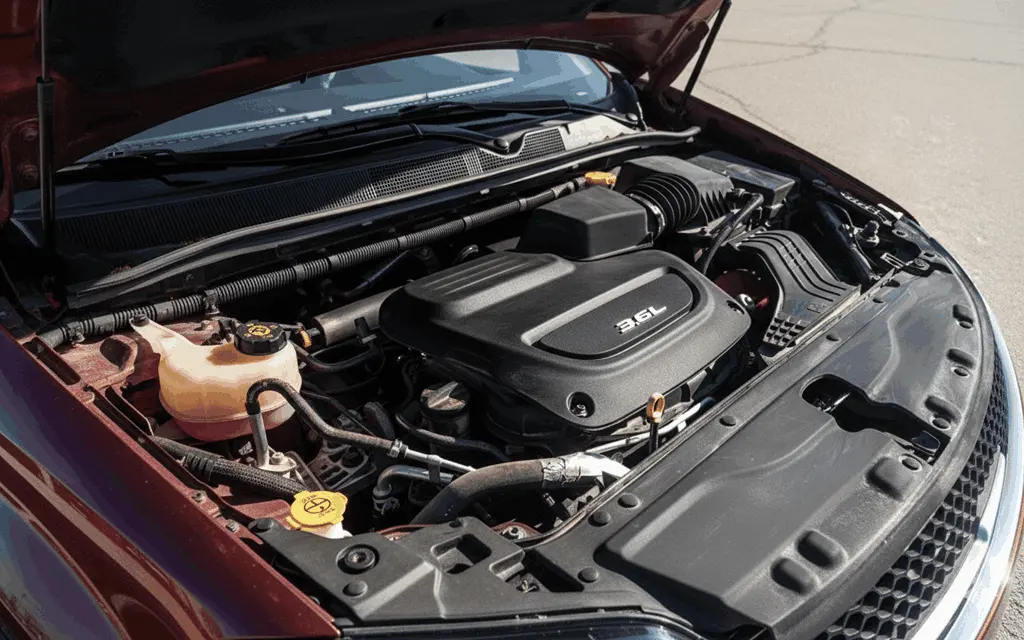 Engine bay of 2017 Chrysler Pacifica featuring 3.6L Pentastar V6 gasoline engine with clean layout and modern design Engine bay of 2017 Chrysler Pacifica featuring 3.6L Pentastar V6 gasoline engine with clean layout and modern design