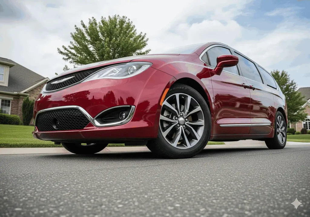 Low angle shot of 2017 Chrysler Pacifica in bright red highlighting aggressive grille chrome trim and sporty alloy wheels Low angle shot of 2017 Chrysler Pacifica in bright red highlighting aggressive grille chrome trim and sporty alloy wheels