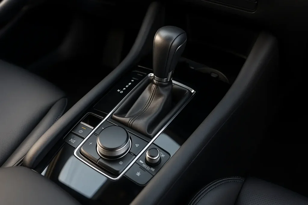 Mazda CX 5 automatic transmission shifter and rotary controller premium black console leather boot ergonomic layout for comfortable driving Mazda CX 5 automatic transmission shifter and rotary controller premium black console leather boot ergonomic layout for comfortable driving