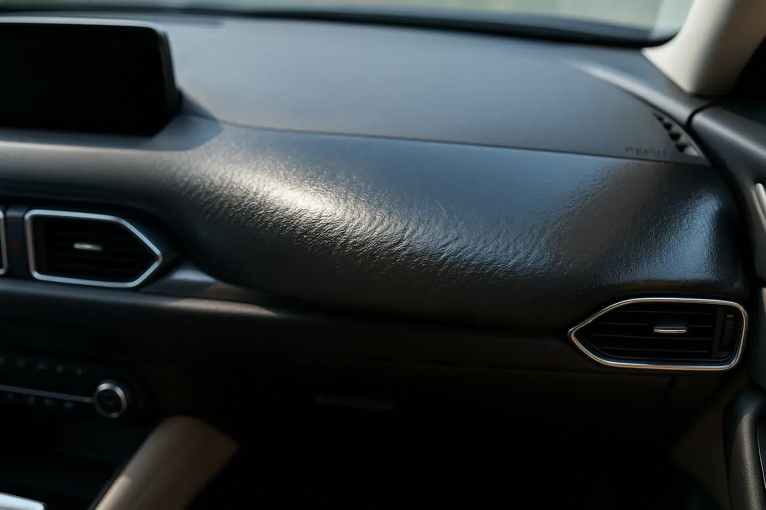 Mazda CX 5 dashboard close up showing glossy heat warped surface near passenger air vent black interior trim compact SUV Mazda CX 5 dashboard close up showing glossy heat warped surface near passenger air vent black interior trim compact SUV